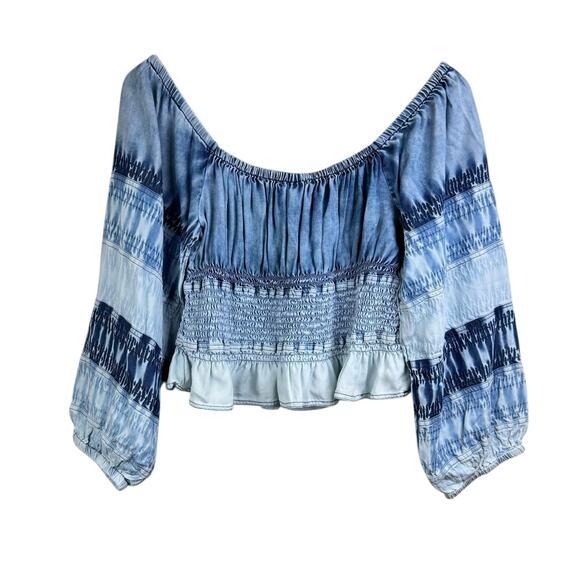 Anthropologie Pilcro Blue Ombre Chambray Smocked Square Neck Cropped Top - Picture 10 of 14
